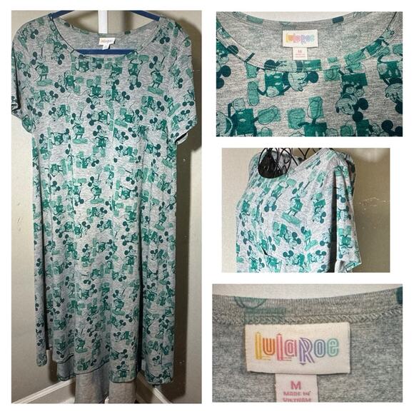 LuLaRoe Disney Carly Dress M Gray Green Mickey Mouse Print Hi-Low Hem - Picture 1 of 14